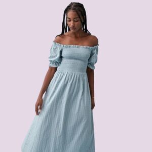 Reformation Arianna Stripe Off Shoulder Smocked Midi Dress S Baby Blue Romantic